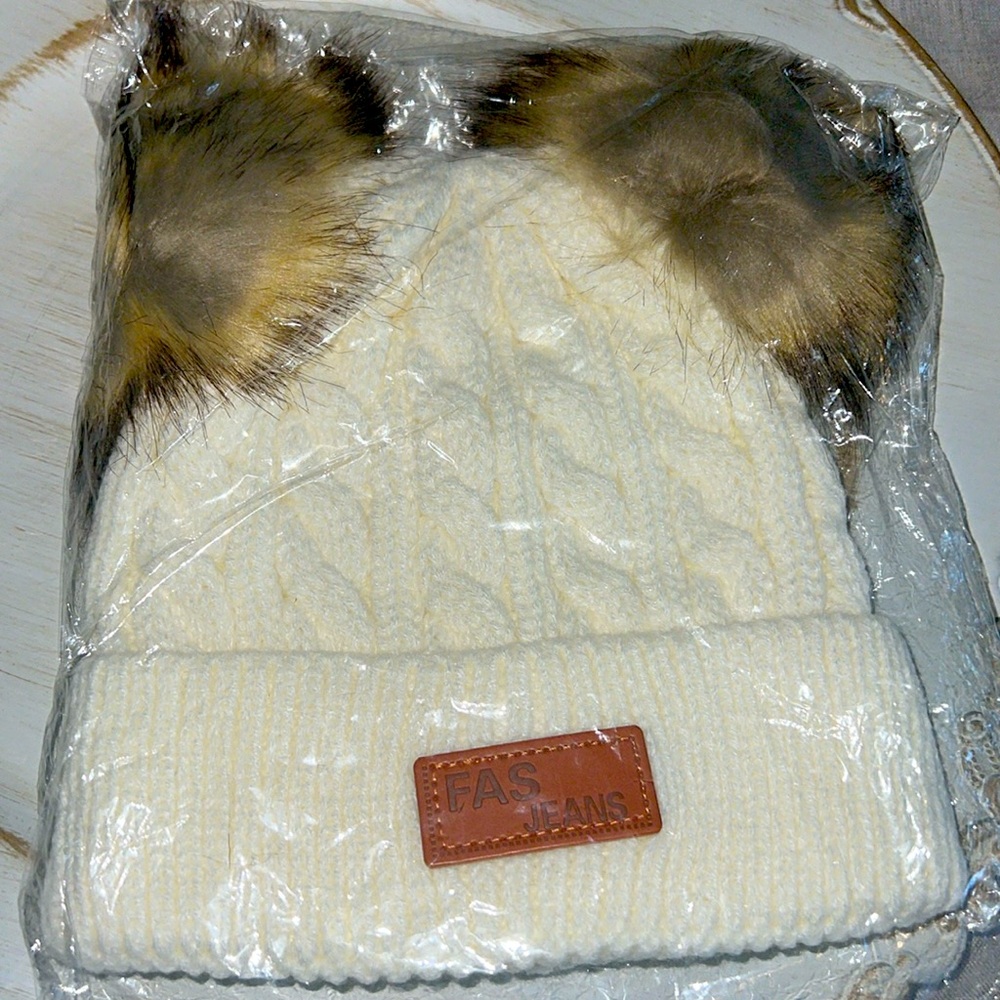 Infant Toddler Woolen Hat Cream Color Winter Twist Double Pom Pom Knitted Beanie - Picture 1 of 6